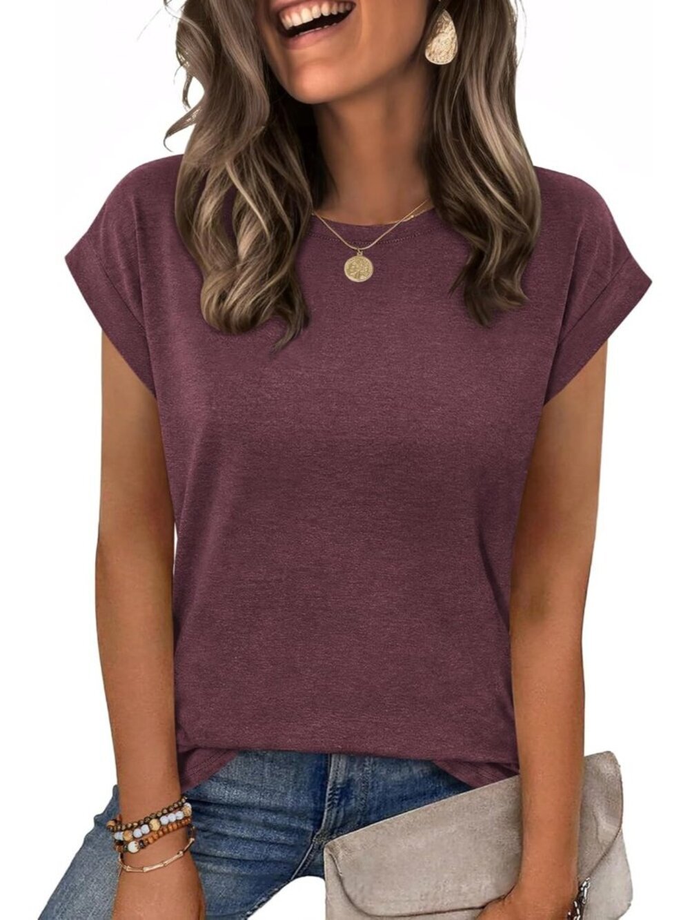 Women's Wine Red Casual Crew Neck Cap Sleeves Trendy Spring Fashion T Shirts
